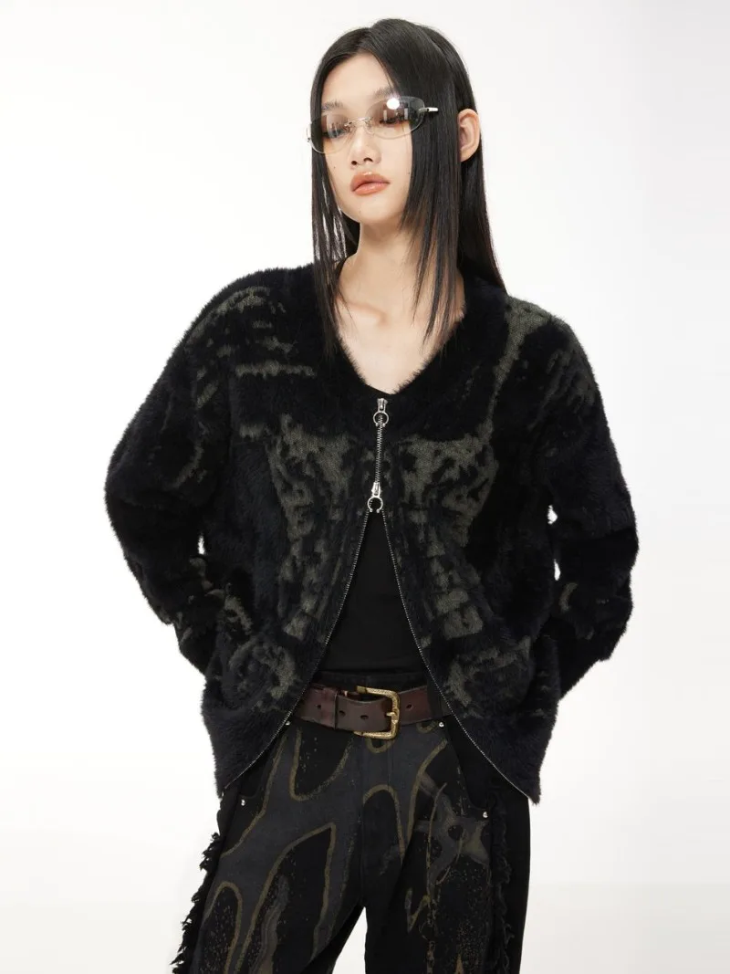 High Street Y2k кардиган вязаный черный винтажный принт свитера пальто женские в