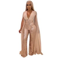 women hot drilling sequined gold cloak night party bodycon long sleeve open back luxurious v neck jumpsuits sexy club rompers