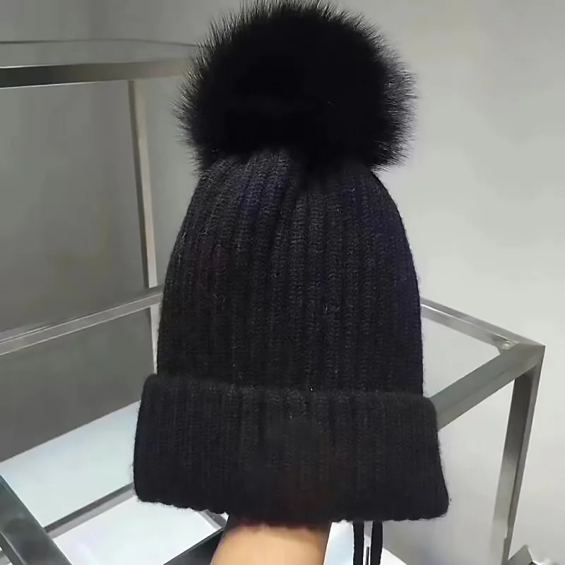 

Women's Knitted Wool Skullies Hat Neutrals Winter Beanies With Real Fox Fur Cashmere Flanging Stripe Warm Leisure Trendy Beanies