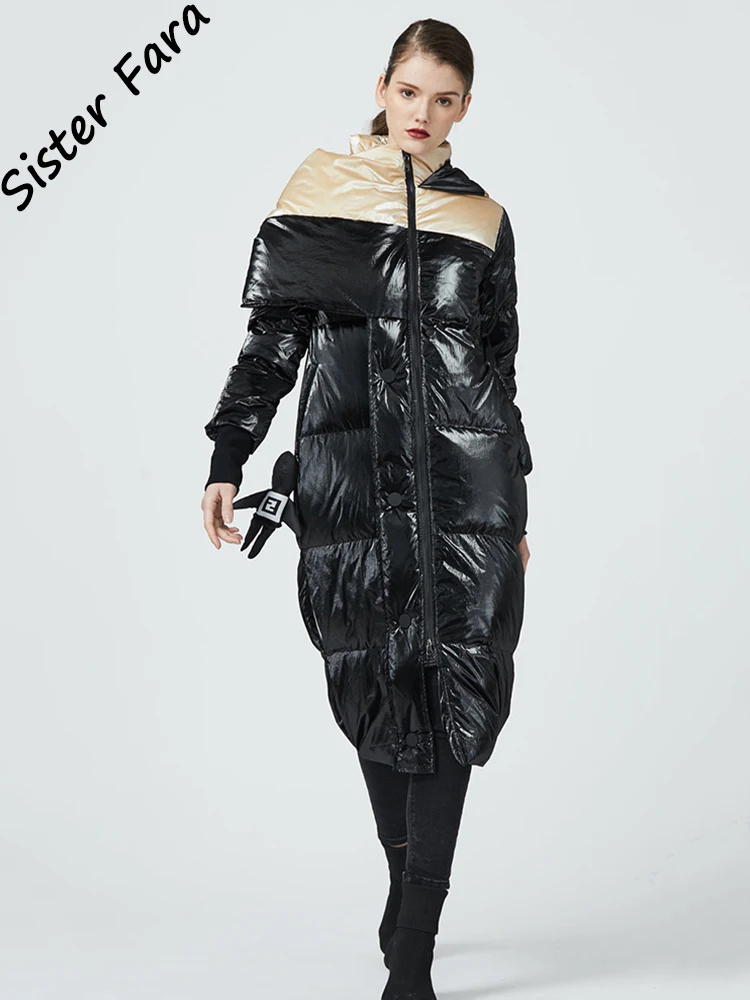 

Sister Fara Long Glossy Irregular Hooded Down Jacket Winter Women Warm Thick Parker Down Jacket New Female Overcoat Down Jackets