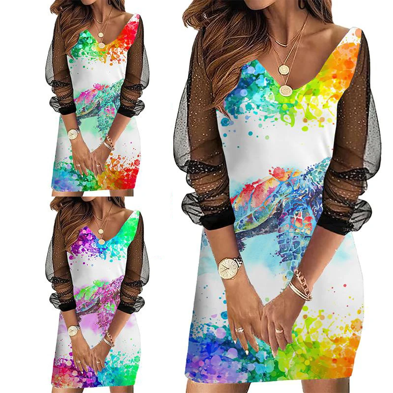 

Women's Sea Turtle Printed Mesh Sleeves Panel Dress 3 Colors