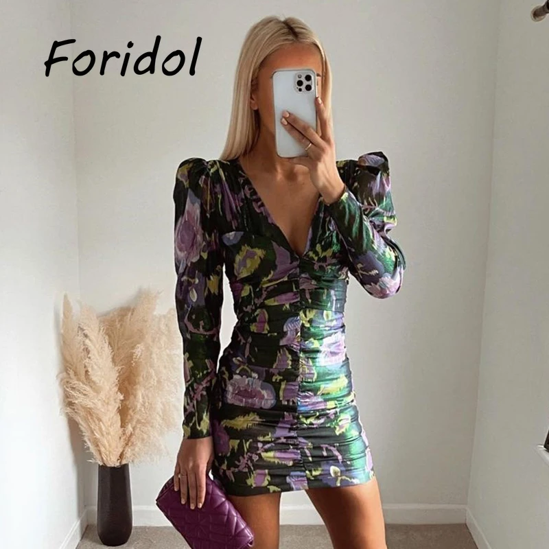 

Floral Print Long Sleeve Dress for Spring Autumn Women Dress Elegant Short Chic Holiday Mini Bodycon Dress Vestido 2022