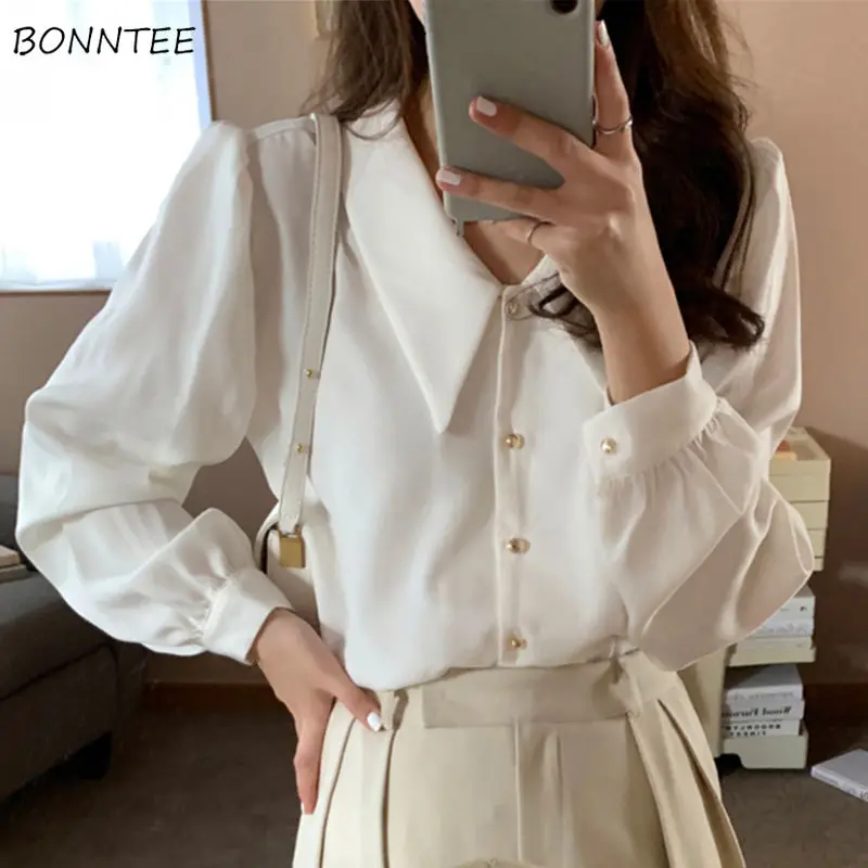 

Shirts Women Temperaments Fashion Single Breasted Loose All-match Solid Long Sleeve Office Lady Vintage Casual Korean Style Chic