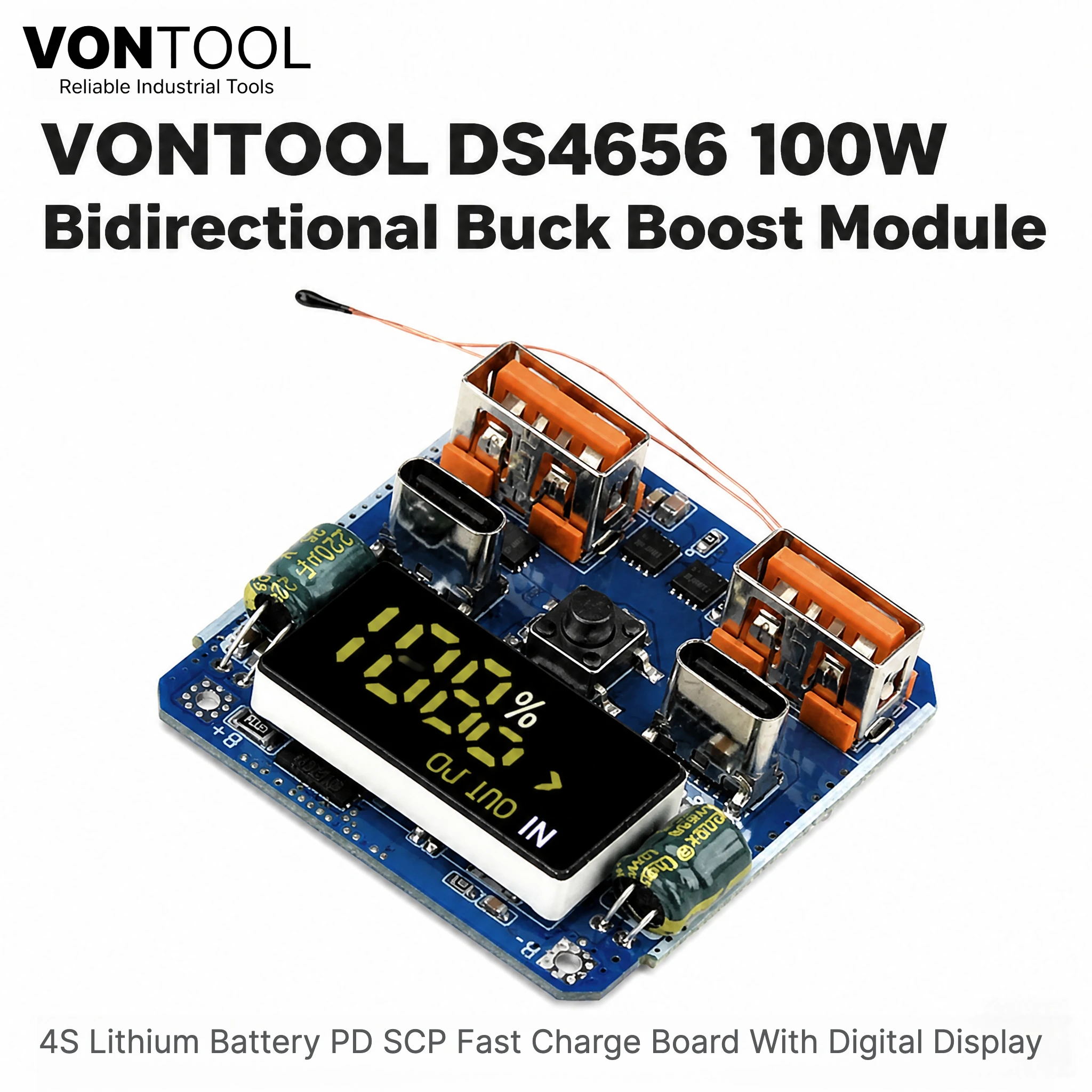 Фото Модуль двунаправленного преобразования напряжения VONTOOL DS4656 100W для 4S литиевых аккумуляторов с быстрой зарядкой и разрядкой PD и цифровым дисплеем №1