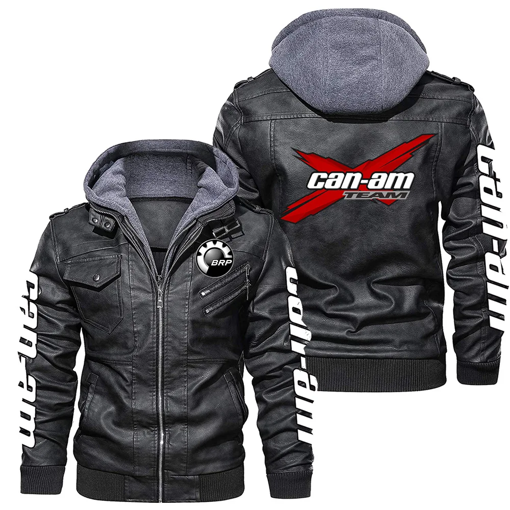 

2023 New Winter Men's Eurosize Brp Can-am Logo Long Pu Leather Sleeve Zipper Hooded Jacket Fleece-lined Fashion Keep Warm Coat