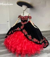 luxury organza ruffles mexican quinceanera dresses black with red gothic embroidery flowers sweet 15 ball gown vestidos xv a%c3%b1os