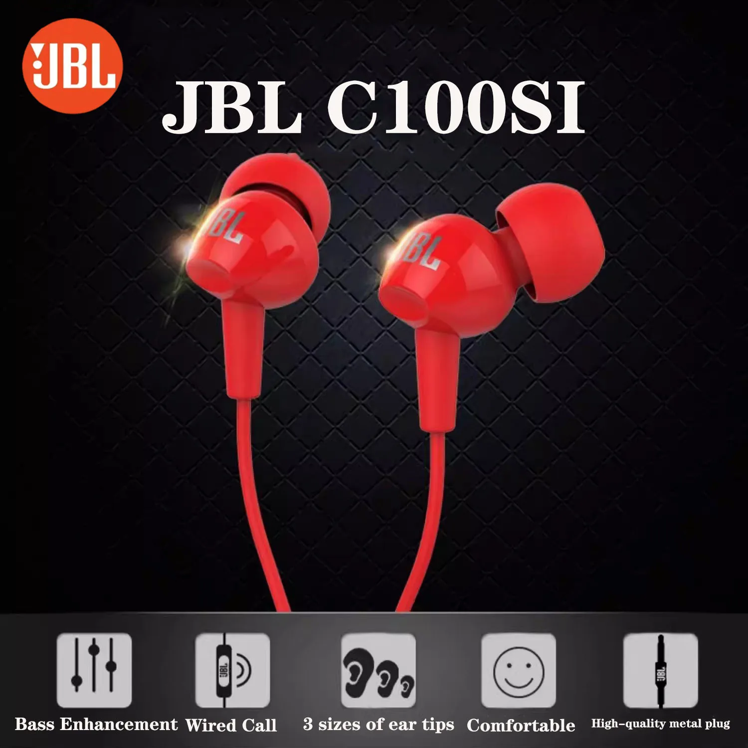 Фото Наушники-вкладыши JBL C100SI с круглым разъемом 3,5 мм, проводные, с глубокими басами, стереозвуком и микрофоном для звонков без помощи рук, для IOS и Android. №1