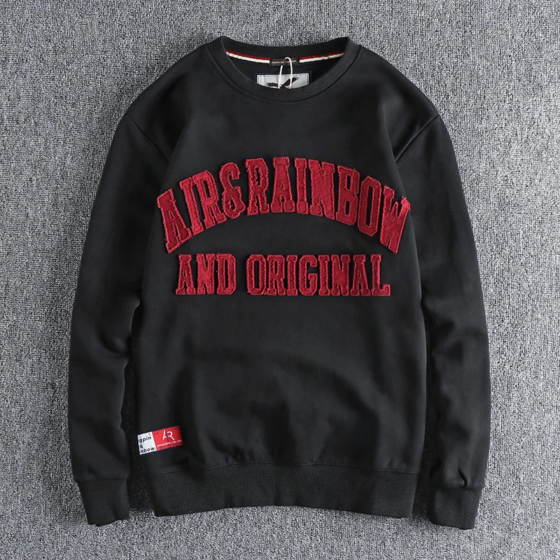 

Letter patch embroidery washed cotton terry sweater men American round neck comfortable loose Joker pullover