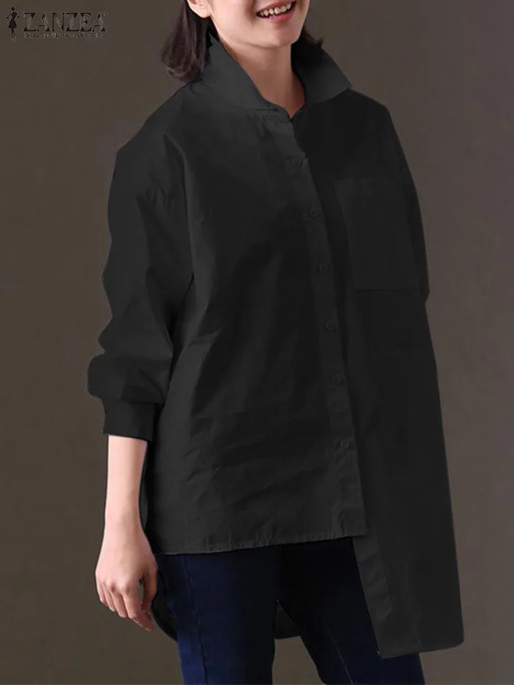 

Женская Повседневная рубашка ZANZEA с асимметричным подолом, осенняя блузка с длинным рукавом и воротником с лацканами, модная однотонная туника, топы, элегантная офисная рубашка