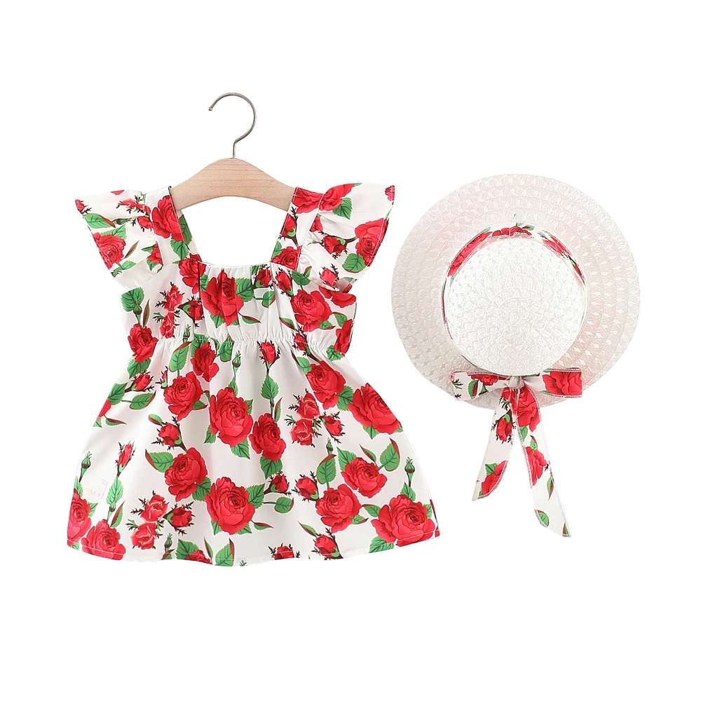 

Summer Baby Girls Dresses Allover Rose Flowers Print Dress With Hat Flying Sleeve Cute Princess Dresses for Girls