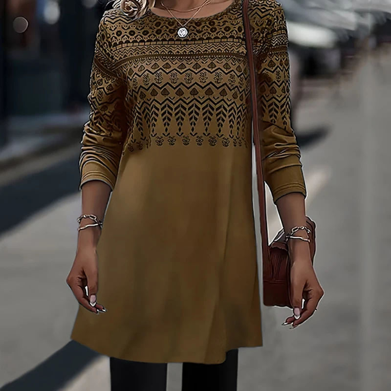 

Женское платье с длинным рукавом, круглым вырезом и принтом