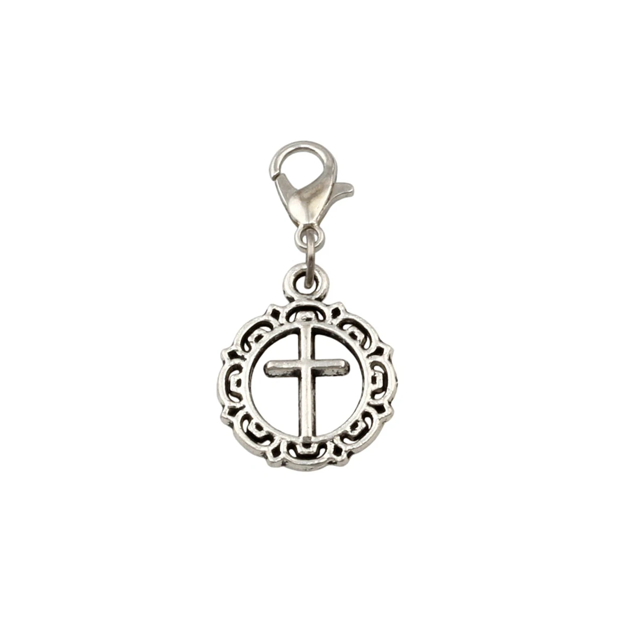

100Pcs Tibetan Silver Alloy Open Flower Circle Cross Floating Lobster Clasps Charm For Jewelry Making 16x34mm A-242b