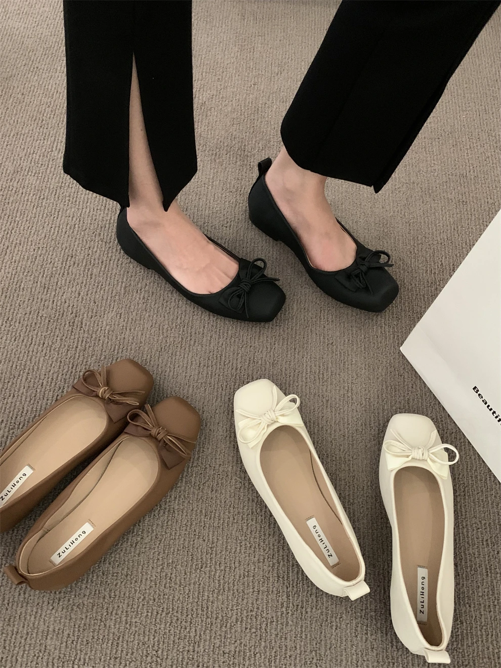 

Square Toe Soft Boat Shoe Casual Female Sneakers Shallow Mouth Dress Flats Women Modis Bow-Knot Autumn Retro Comfortable Grandma