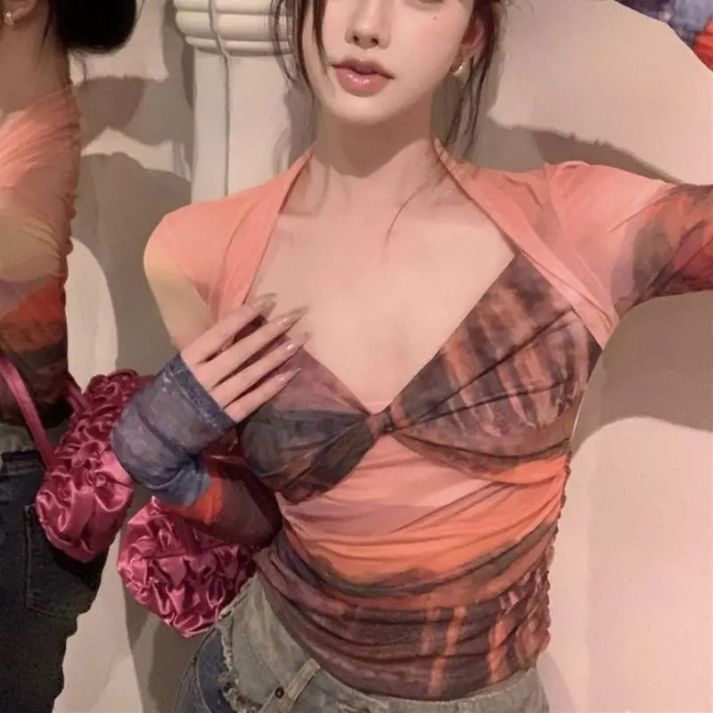 

Printed Mesh Long-Sleeved T-shirt Women's Sexy Hot Girl Niche Design Slim Fit Slimming Top Shirt Women's Clothing