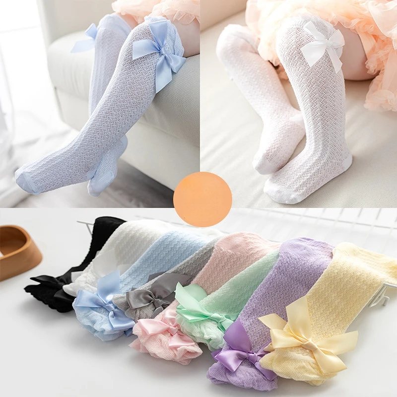 

Newborn Baby Girl Socks New Kids Bow Knee High Socks Toddler Soft Cotton Summer Bowknot Hollow Out Children Royal Princess Socks