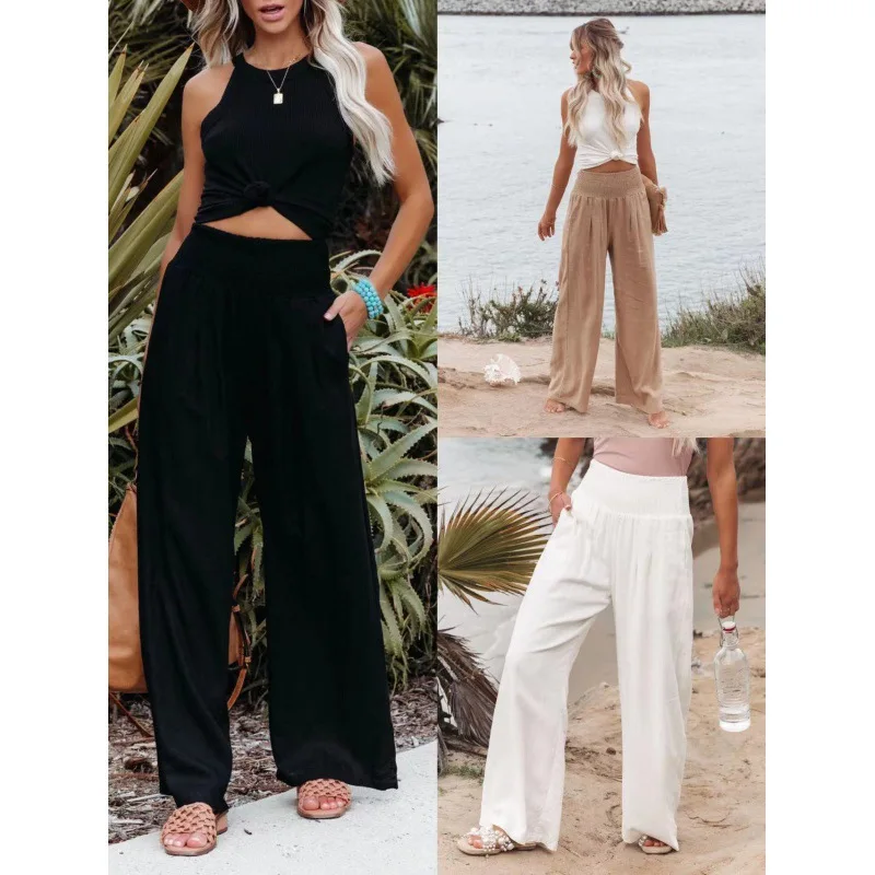 Women Linen Pants Spring and Summer Elastic Waist Casual Sweatpants Female Elegant Wide Leg Straight Solid Color Loose Trousers