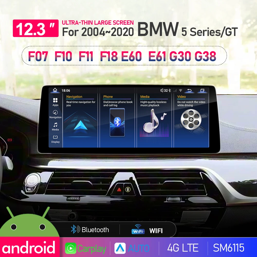 Фото Автомагнитола Android 12.3 дюйма для BMW 5 серии 5GT F07 F10 F11 E60 E61 G30 G38 2004-2020 с беспроводным CarPlay и мультимедийным стереоплеером №1