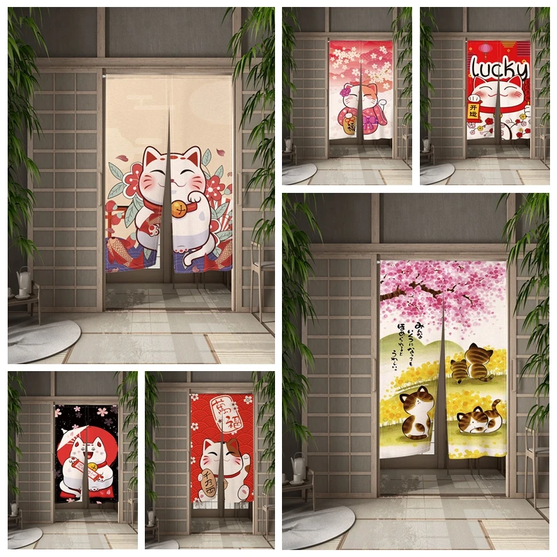 

Japanese Lucky Cat Door Curtain Sushi Izakaya Doorway Curtains For Kitchen Home Entrance Decor Partition Half-hanging Curtain