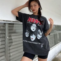 kiss rock band retro old short sleeved vtg high street american casual cotton t shirt rose park caiying same style