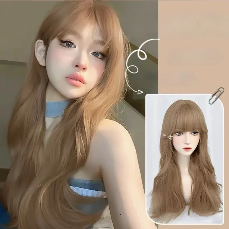 Длинные волнистые парики с челкой молочно-чайно-коричневый парик для косплея