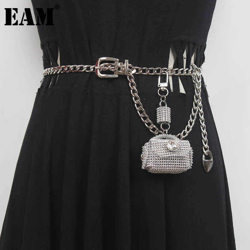 [EAM] Black Metal Chain Rhinestone Mini-bag Belt Personality Women New Fashion Tide All-match Spring Autumn 2023 1DE3547