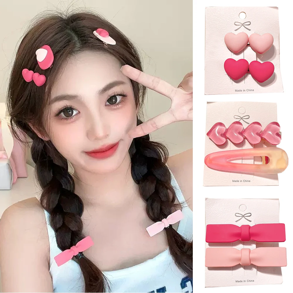 

2Pcs pink Geometric heart Hairpins sweet cute girl Duckbill Clip set Acrylic Bow Side Clip fairy Styling Tool Hair Accessories