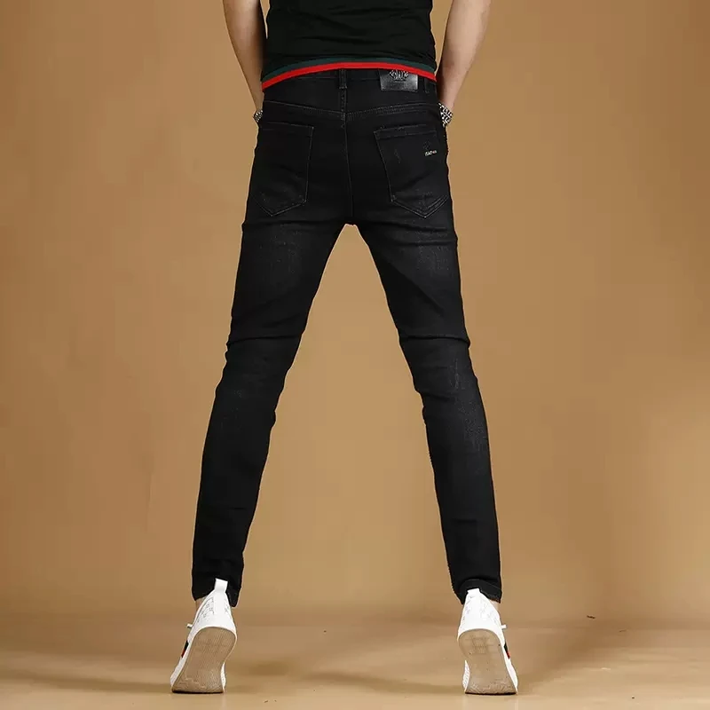 Autumn New Men Black Jeans Fashion Rhinestone Slim Fit Straight Pants Streetwear Casual Cotton Stretch Denim Trousers