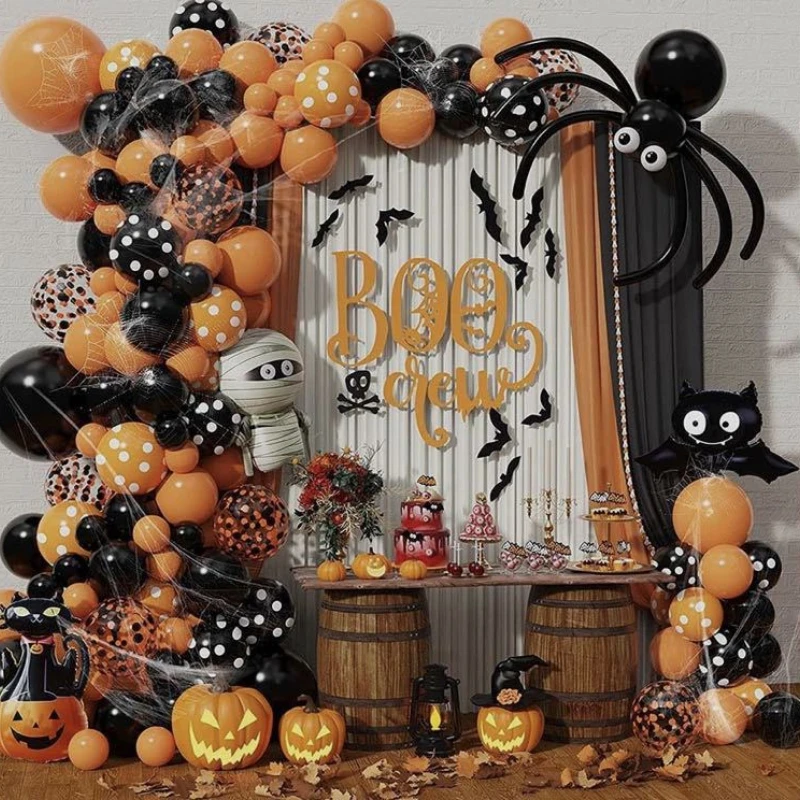 

128Pcs DIY Orange Black Halloween Balloon Garland Arch Black Cat Bat Pumpkin Mummy Foil Balloons Halloween Boo Party Decorations