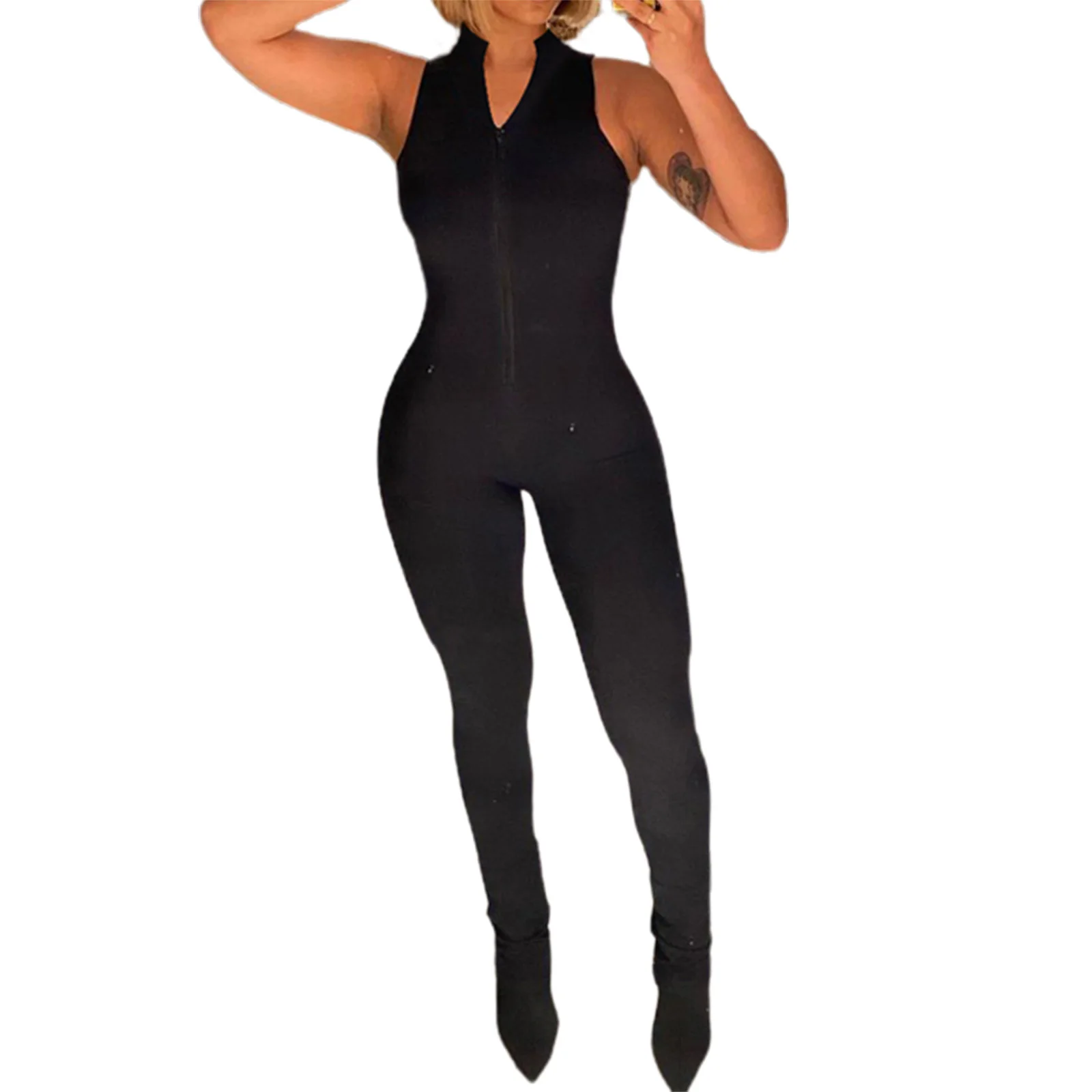 Women Close-fitting Jumpsuit, Solid Color Sleeveless Zipper Open Front piece, Black/ White/ Dark Grey