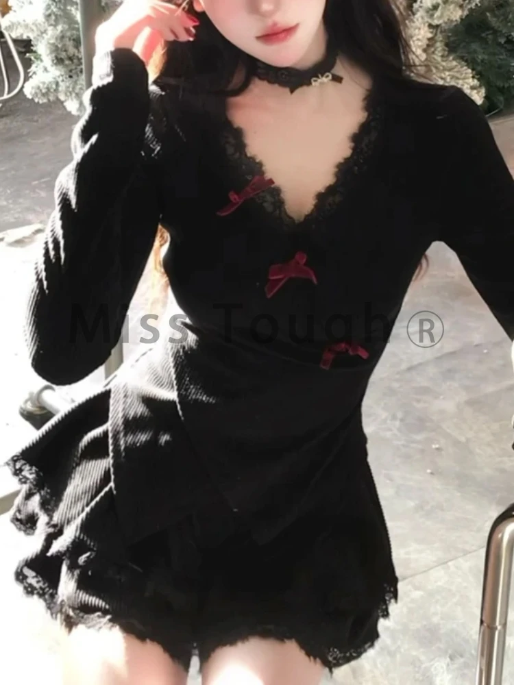 Японская мода сексуальный стиль черный ретро комплект из 2 предметов топы с