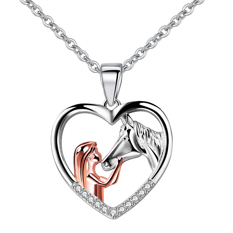 

Explosive fashion Europe and the United States fashion heart necklace girl with horse two color pendant rose gold ornaments