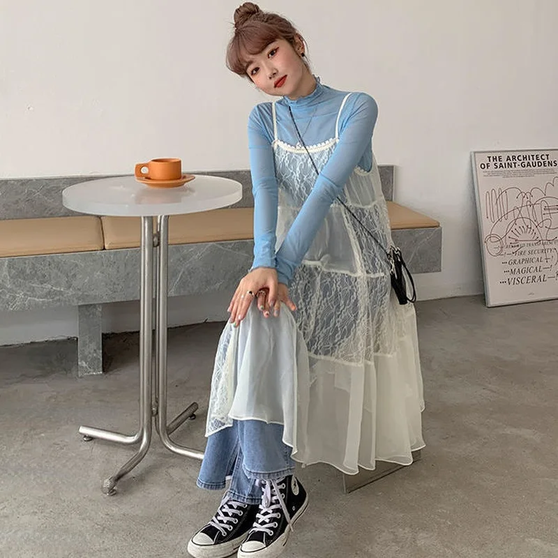 

Женское кружевное платье средней длины без рукавов, элегантный милый мягкий свитер во французском ретро-стиле, Повседневная летняя одежда