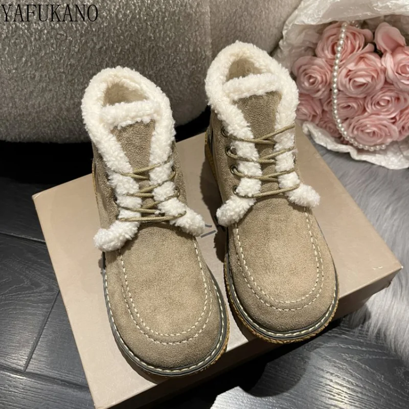 

Женские ботинки для снежной погоды, новинка 2022, плюшевые Нескользящие короткие ботинки в британском стиле на шнуровке и толстой подошве, те...