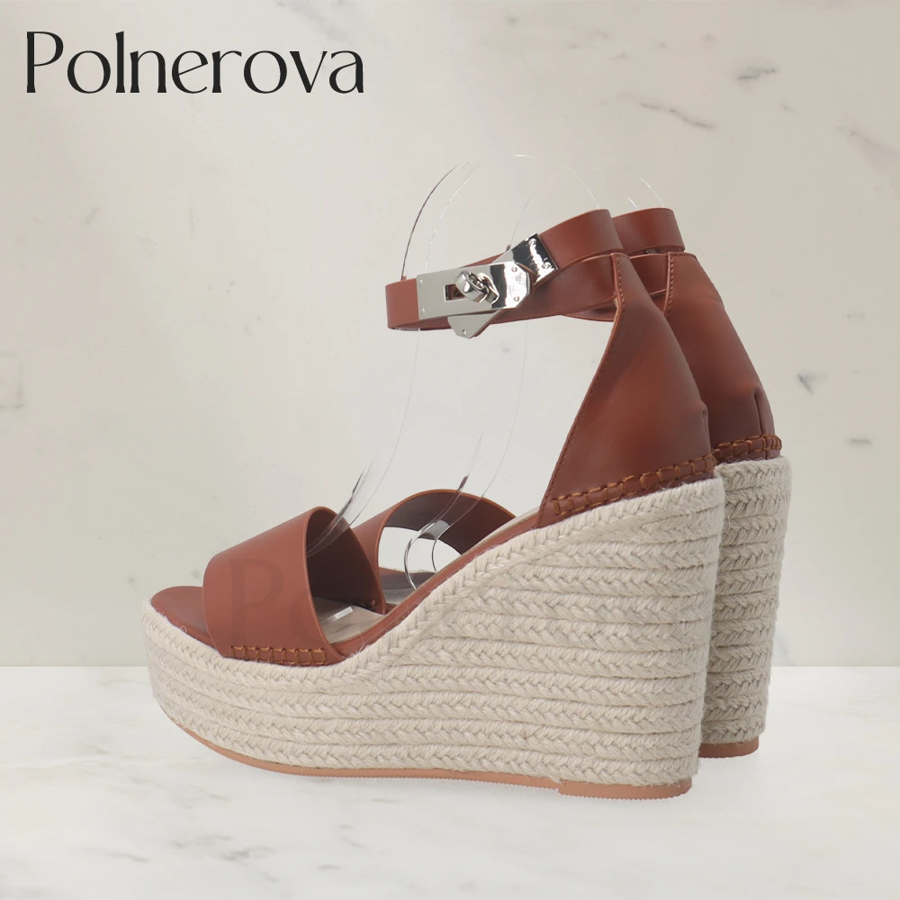 Designer Concise Style Espadrilles Solid Color Leather Wedge Sandals Metallic Buckle Platform Summer Shoes Custom Color Sandals