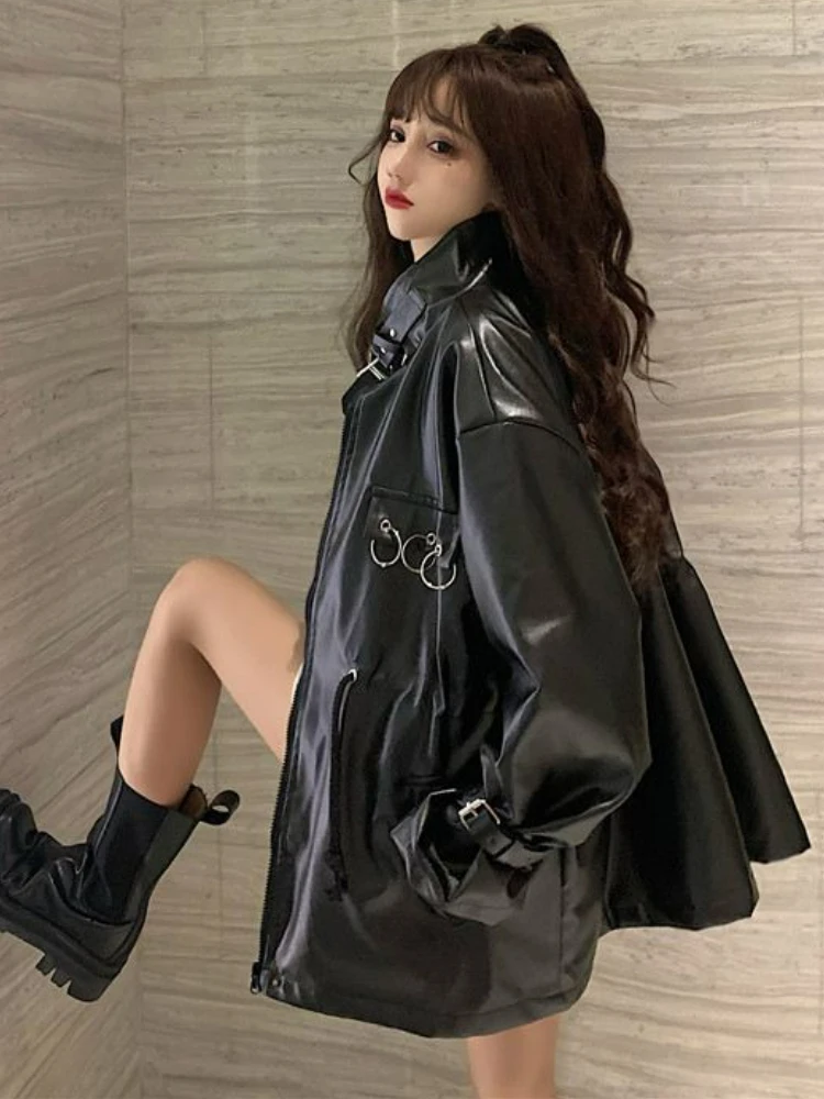 Korean Style Motorcycle Leather Jacket Women Black Loose Thin PU Faux Leather Coat Female 2022 Autumn Streetwear Lady Chic Tops