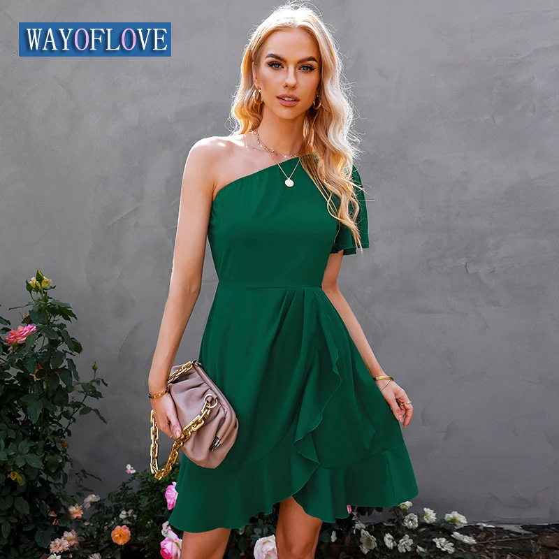 

WAYOFLOVE Woman Summer Sexy Inclined Shoulder Dress Party Elegant Flounced Edge One-Shoulder Vestids Beach Casual Solid Dresses