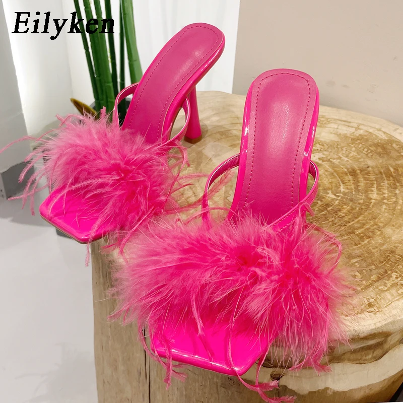 Eilyken Summer Fashion Fluffy Furry Women Slippers Female Gladiator Sandals Party Banquet Mules High Heels Slides Shoes