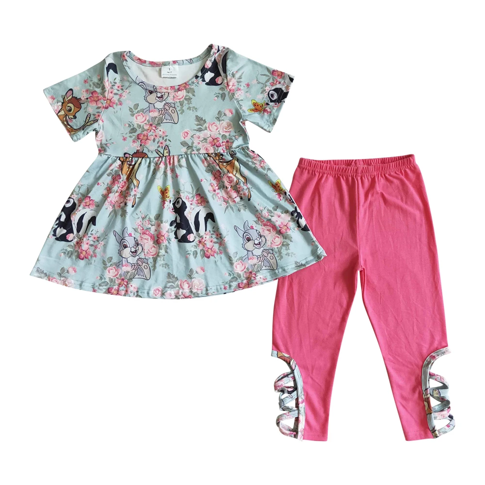 

Демисезонная эксклюзивная Одежда для девочек, топ-туника с коротким рукавом и цветочным принтом, ярко-розовые леггинсы, комплект из двух пр...