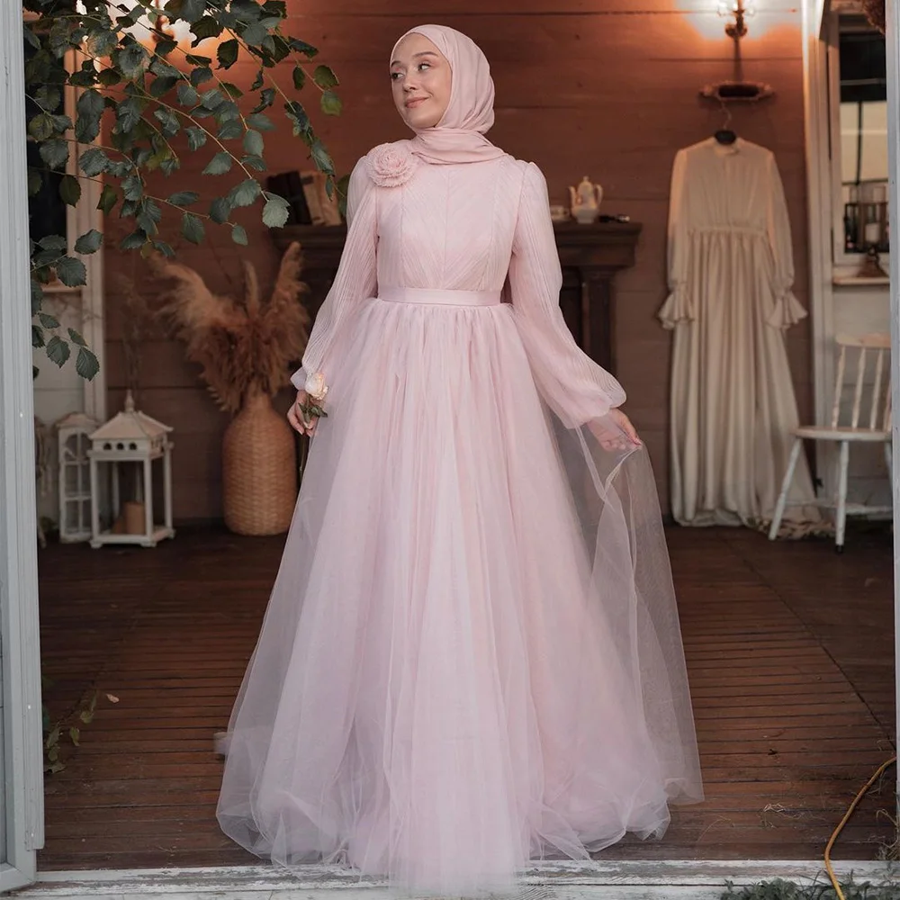 

Sevintage скромное розовое Тюлевое платье для выпускного вечера с длинным рукавом с высоким воротом ТРАПЕЦИЕВИДНОЕ арабское мусульманское вечернее платье вечерние платья 2023