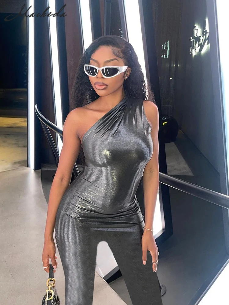 Macheda PU Leather Sexy Off-shoulder Jumpsuit Women Casual Tight Fitting Bodycon Jumpsuit Club Party y2k Streetwear Rompers