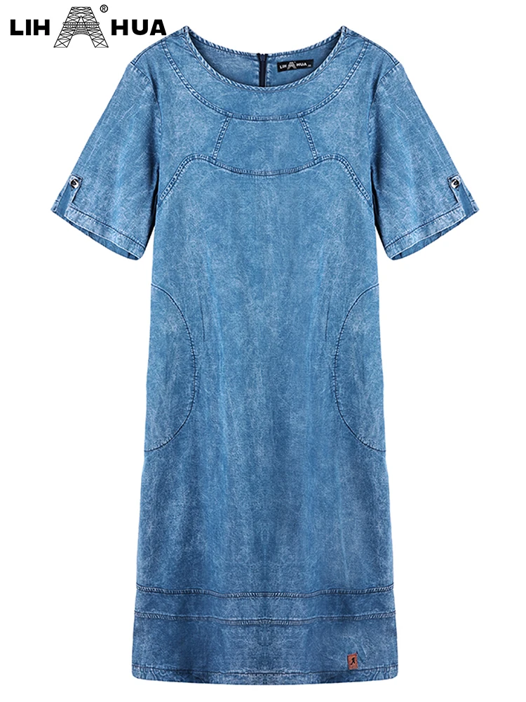 LIH HUA Women's Plus Size Denim Dress Summer Chic Elegant Dresses For Chubby Women Round Neck Woven Cotton  Dress