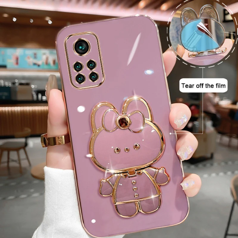 

For Xiaomi Redmi Note 12 Pro 4G Phone Case Soft Silicone Solid Color Plating Cartoon Fold Stand Makeup Mirror Bracket Cover