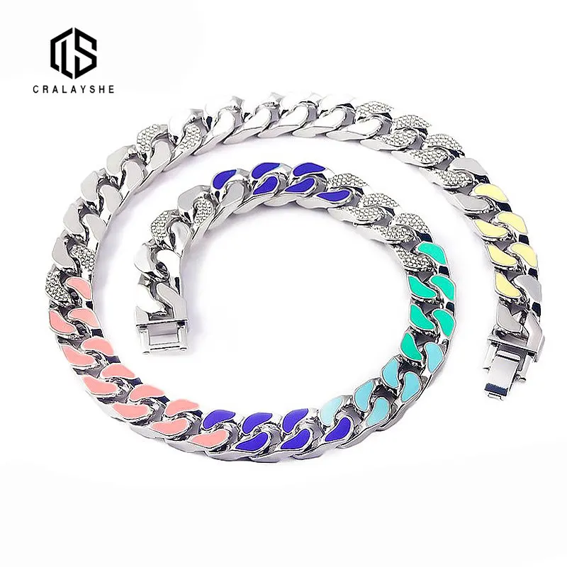 

13mm Iced Out Hip Hop Cuban Link Chain Necklace Women Men Crystal Colorful Enamel Choker Necklace Rainbow Bracelet Jewelry Gifts