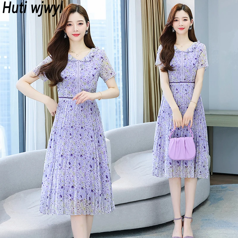 

Women Korean Sweet Casual Boho Beach Sundress Summer Elegant Bodycon Party Vestido 2023 Purple Floral Chiffon Ruffled Midi Dress