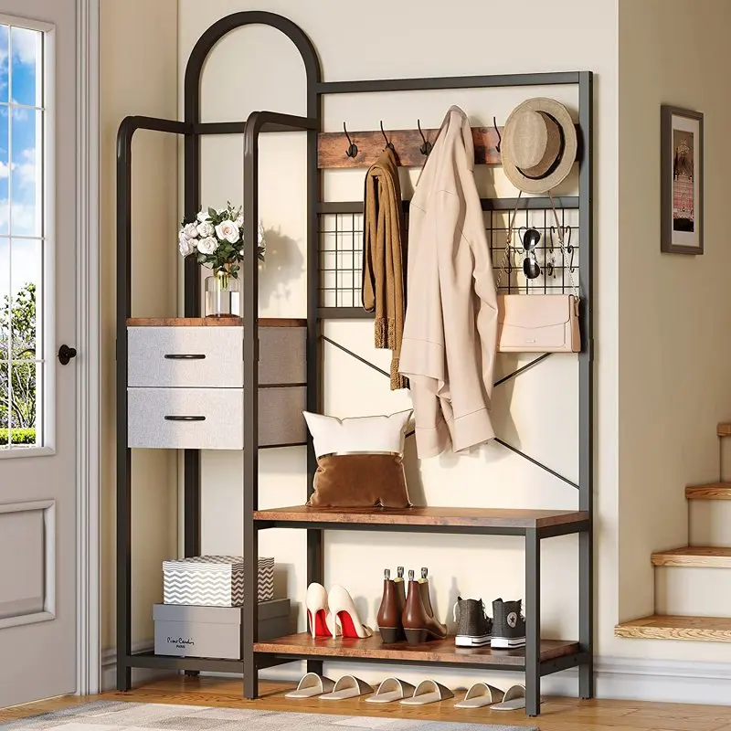 

2023 NEW Garment Coat Rack, 6 in1 Industrial Entryway Hall Tree with Shoe Bench and 2 Fabric Drawers, Freestanding Clothes Rack