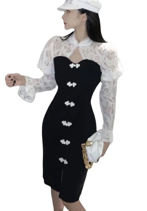 

Элегантное женское платье-свитер, кружевное вязаное платье в стиле пэчворк, женское элегантное черно-белое платье-Ципао средней длины