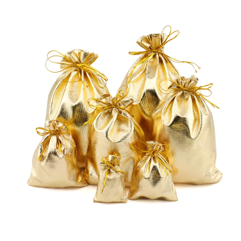 50pcs/lot Plated Fabric Silver Gold Jewellery Pouches With Drawstring for Wedding Gift Bags Big Jewelry Packing 15x20cm 17x23cm