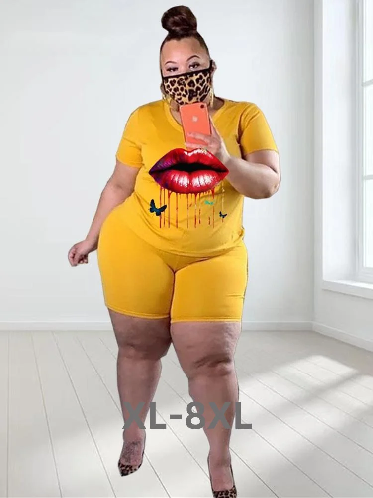 Plus Size Two Piece Sets Women New in Matching Sets Lip Print Top Shorts Tracksuit Casual Summer Whole 3xl 4xl 5xl 6xl