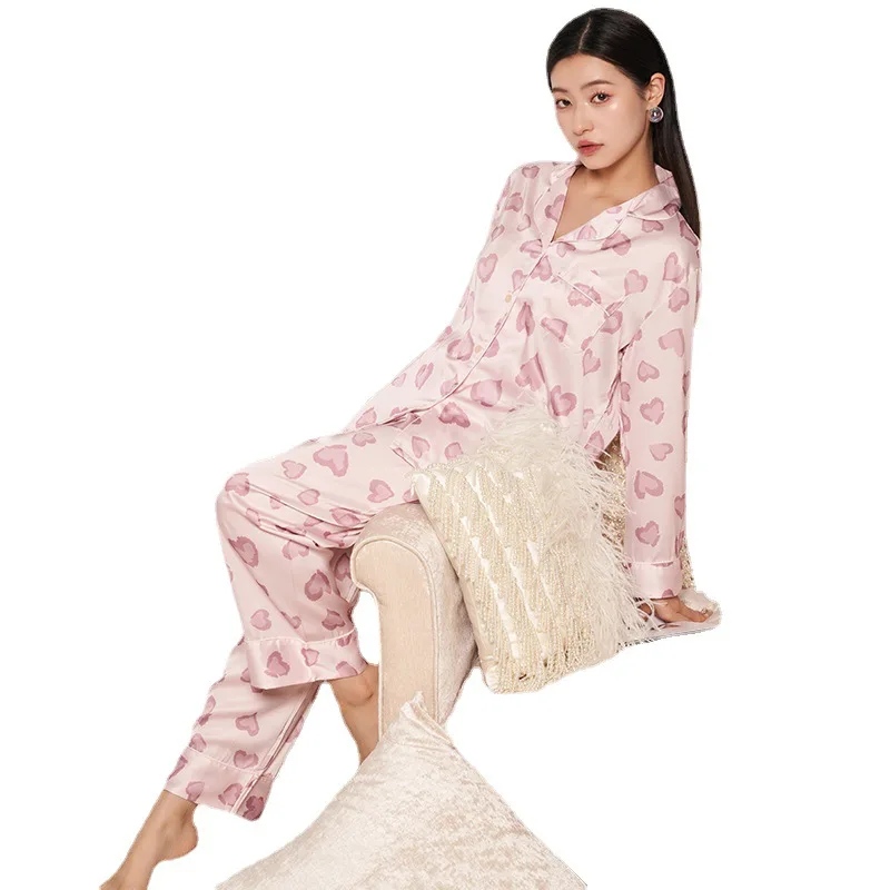 2023 New Arrival Spring and Autumn Peach Heart Sweet Ice Silk Pajamas Women's Long-Sleeved French Style Outerwear Home
