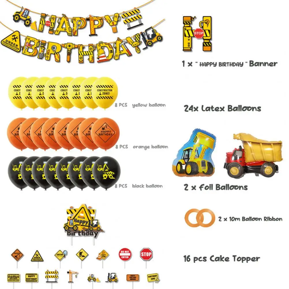 

Birthday Balloon 1 Set Great Easy to Inflate Wear-resistant Construction Truck Theme Party Balloon Cake Topper Kit Home Decor